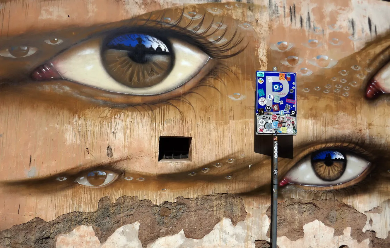 Photo wallpaper eyes, the city, wall, sign, graffiti
