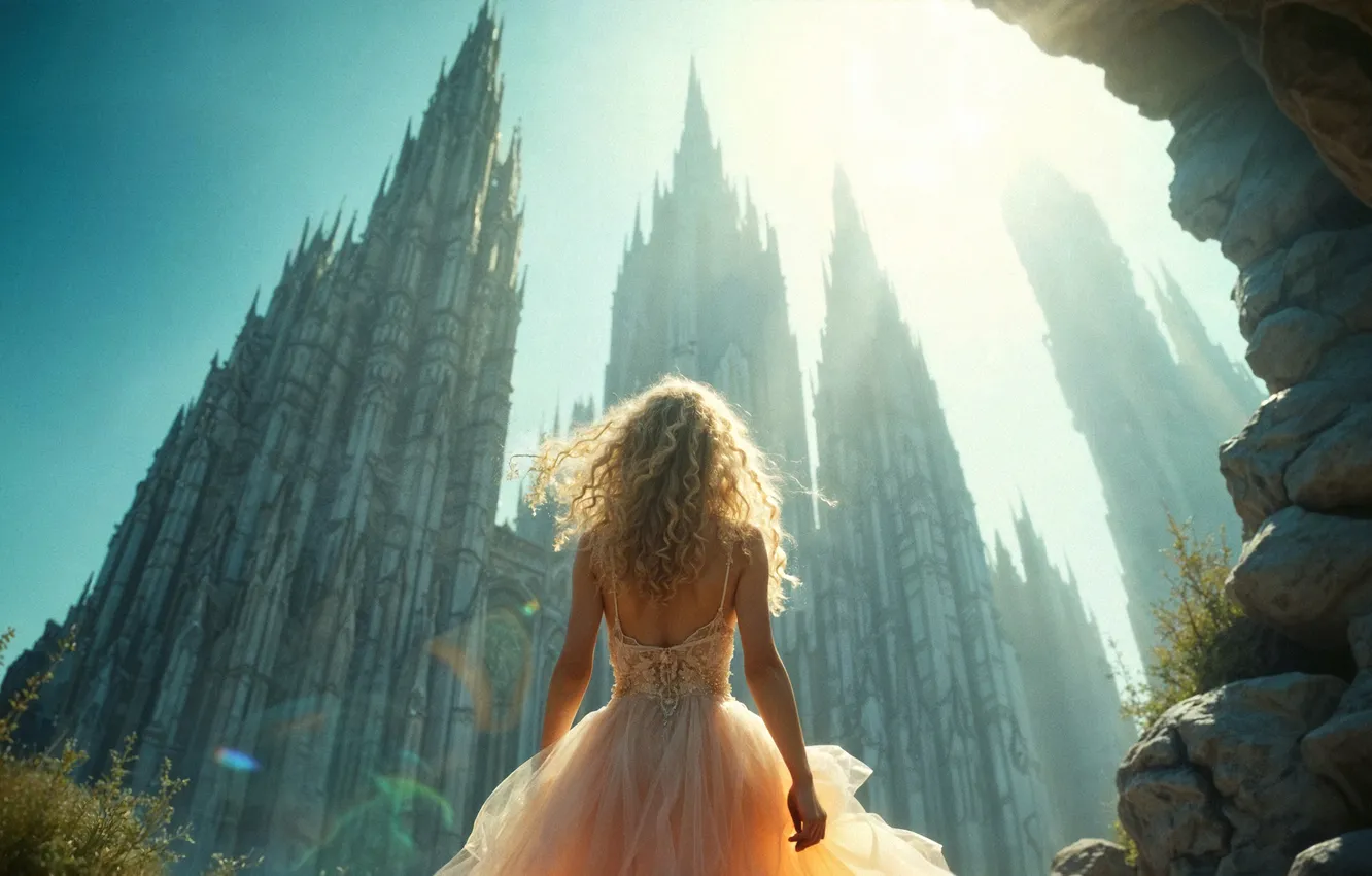 Photo wallpaper girl, the sun, rays, light, fog, castle, rocks, tower