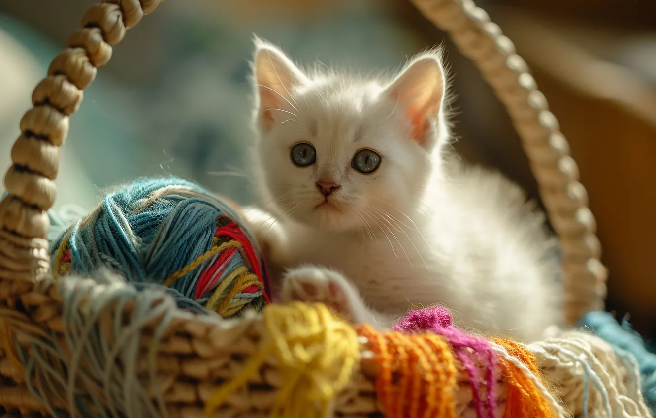 Photo wallpaper cat, white, look, light, tangle, pose, kitty, thread