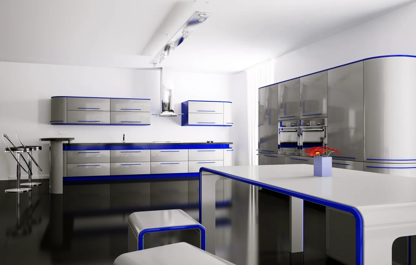 Photo wallpaper flowers, blue, table, room, interior, chair, kitchen, apartment