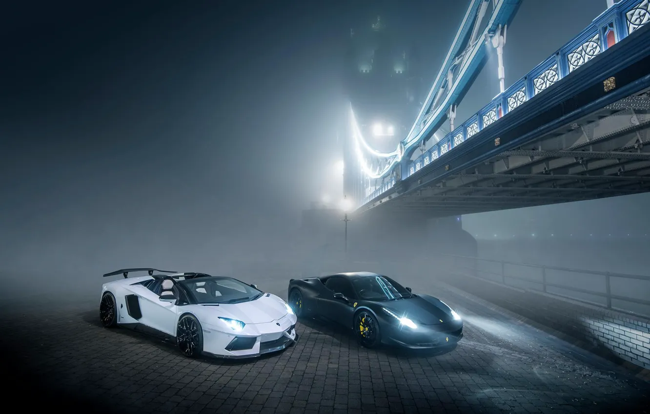 Wallpaper Lamborghini, Ferrari, 458, Bridge, Night, Aventador, Fog