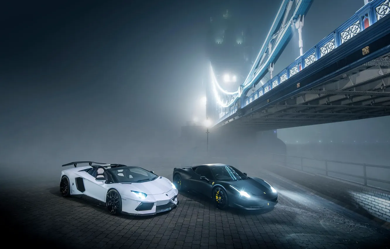 Photo wallpaper Lamborghini, Ferrari, 458, Bridge, Night, Aventador, Fog, GFWilliams Photographer