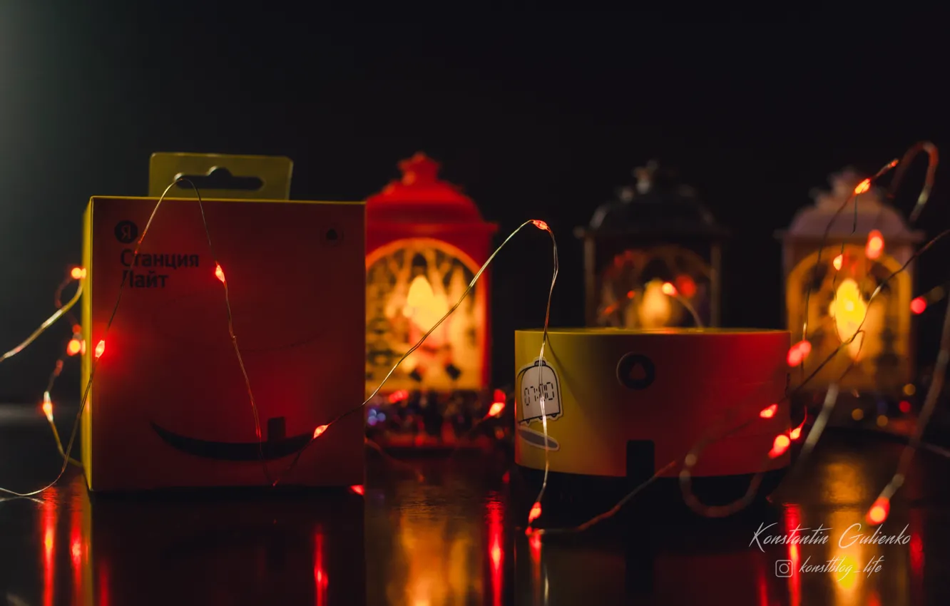 Photo wallpaper the dark background, holiday, new year, flashlight, Yandex, yandex light station, yandex station