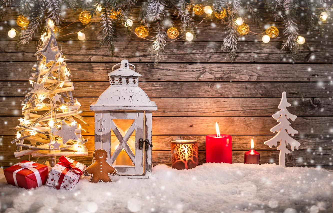 Photo wallpaper snow, branches, tree, candles, Christmas, man, lantern, gifts