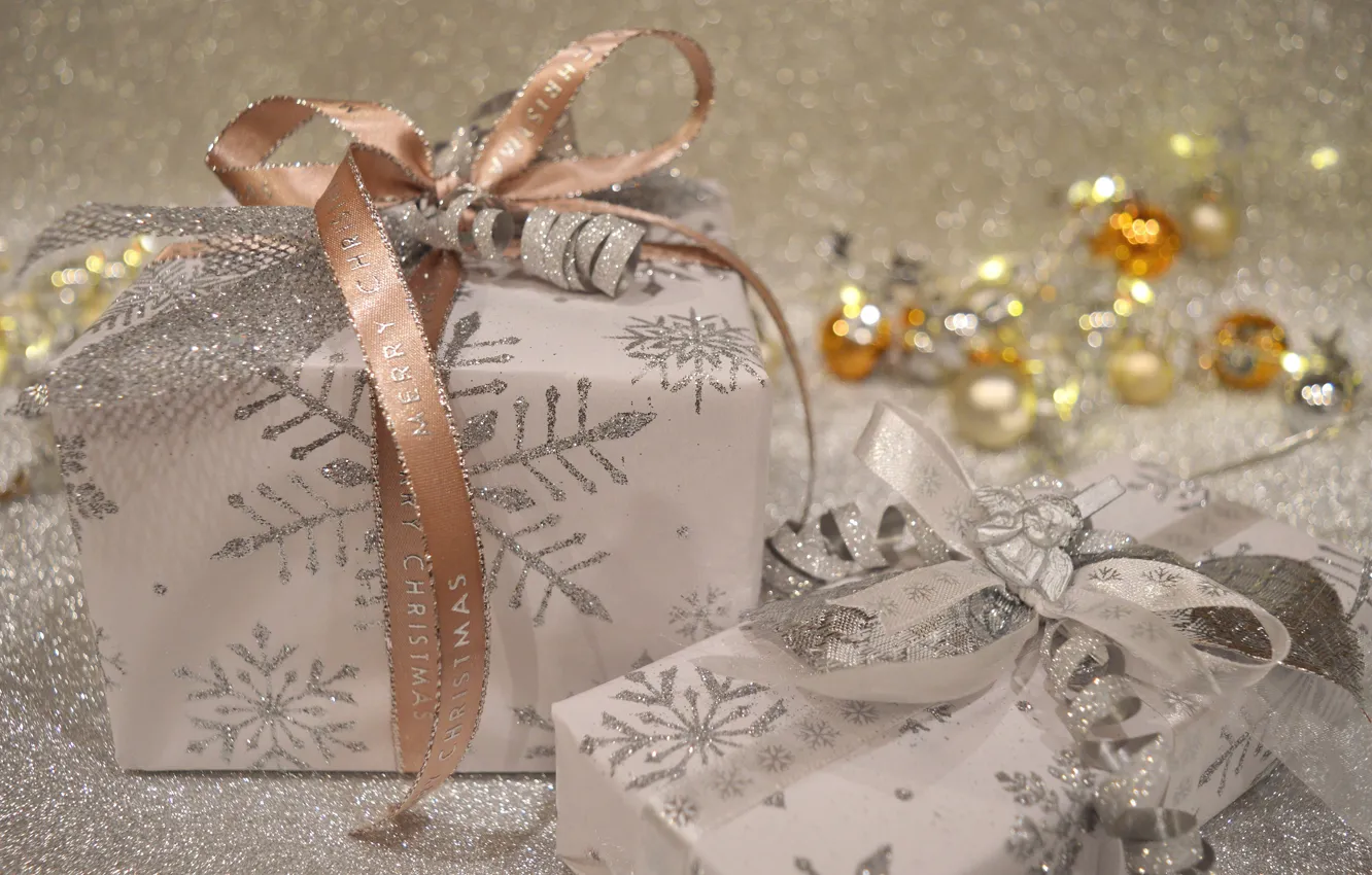 Photo wallpaper balls, snowflakes, lights, holiday, box, gift, Shine, Christmas