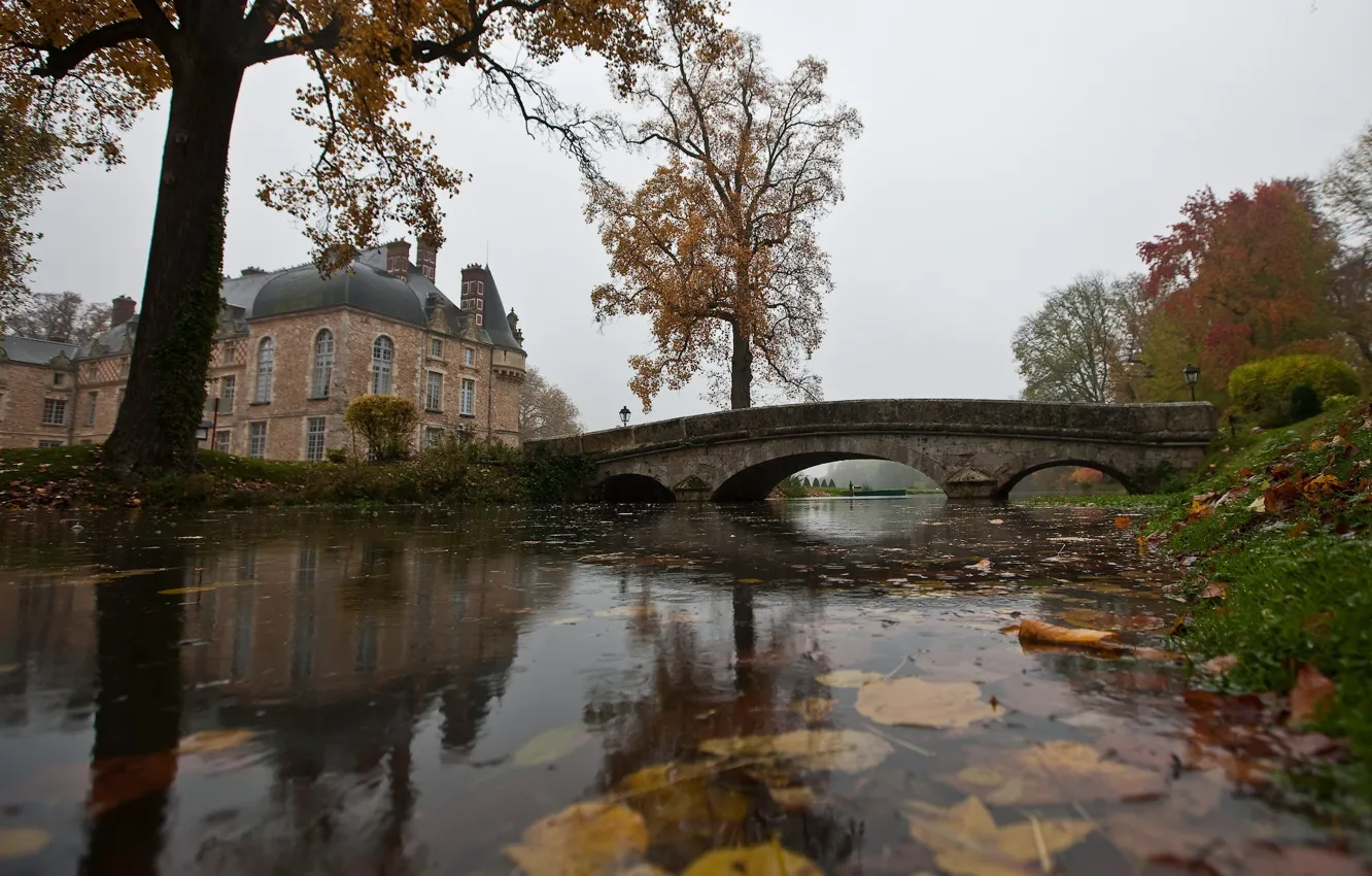 Photo wallpaper autumn, leaves, water, bridge, house, pond, rain