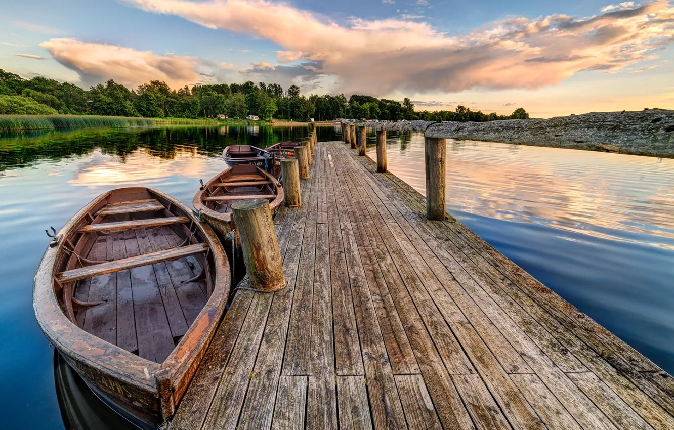 Photo wallpaper landscape, Denmark, Lake Forum, wooden boat