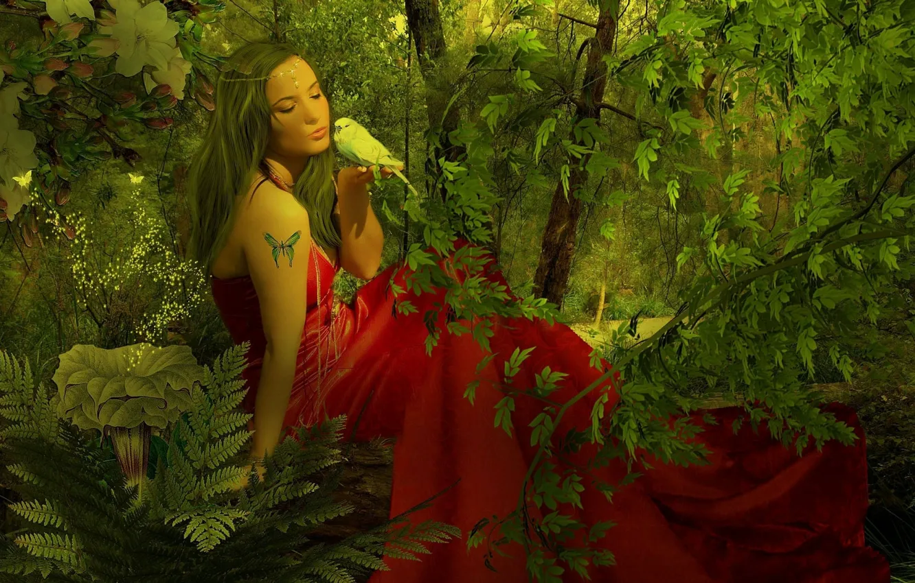 Photo wallpaper girl, nature, fantasy, butterfly, tattoo, art, parrot, girl