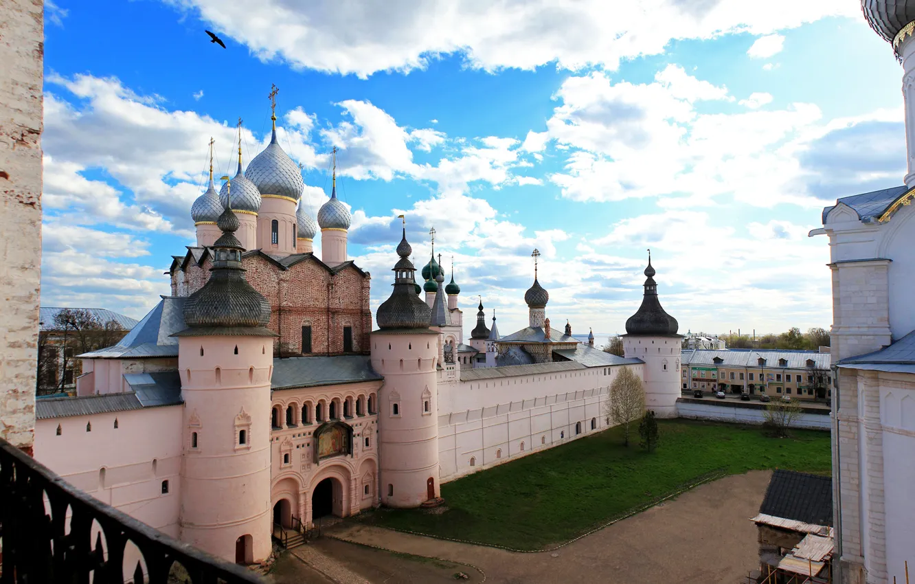 Photo wallpaper the sky, clouds, bird, Church, temple, Russia, dome, Yaroslavl oblast