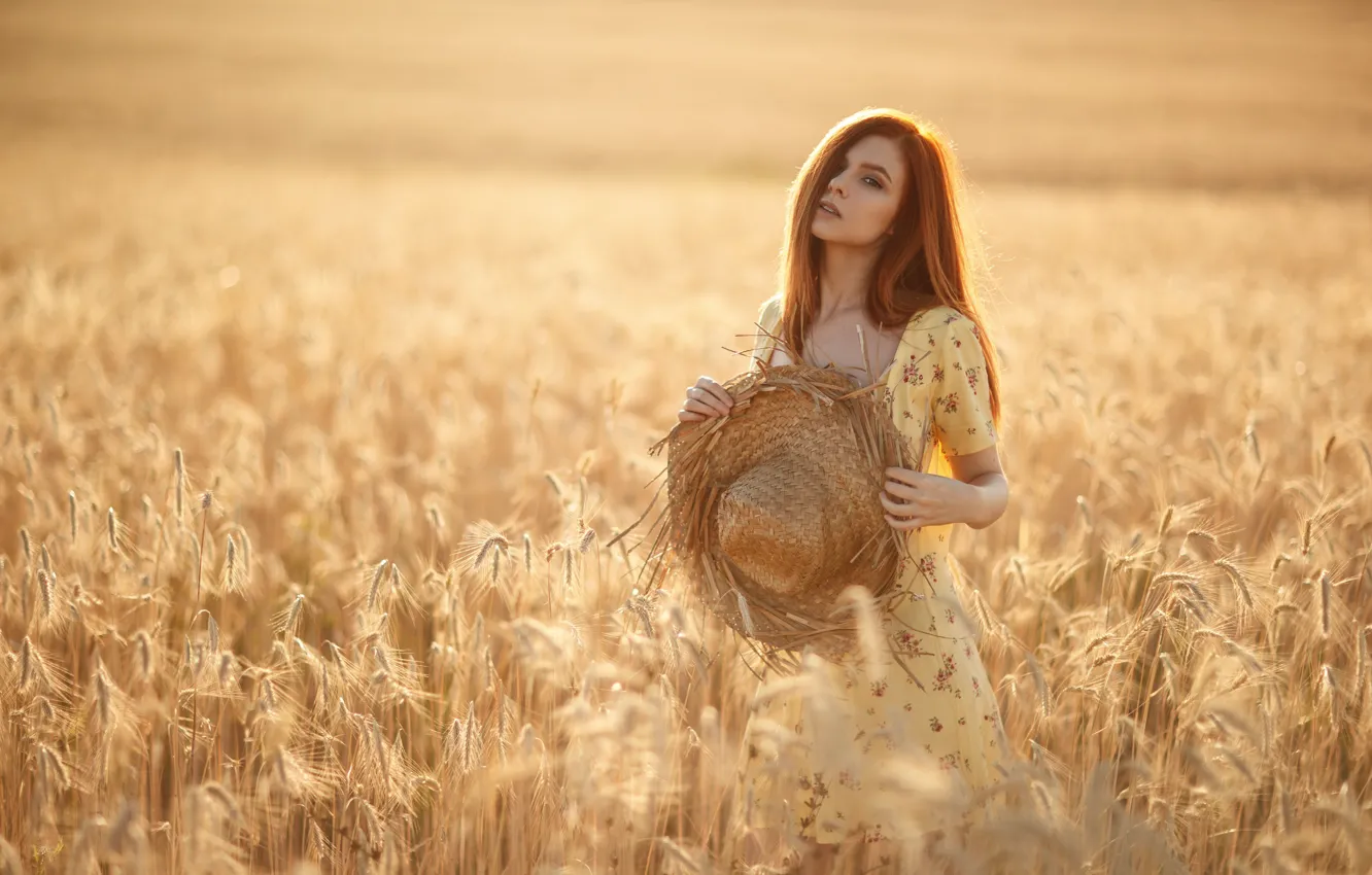 Photo wallpaper wheat, girl, hat, dress, red, Sergey Sorokin, Daria Kostina
