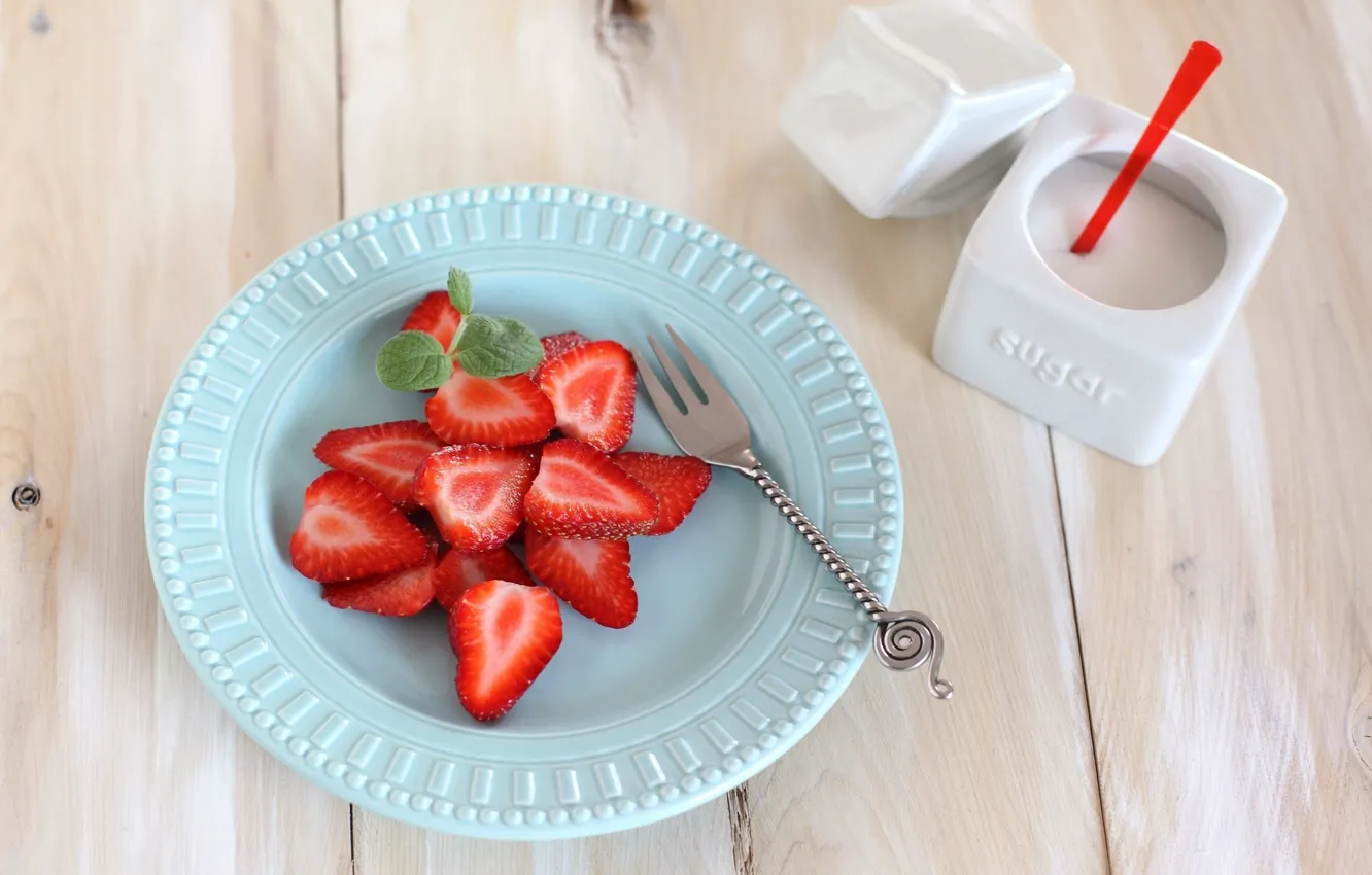 Photo wallpaper strawberry, sugar, berries, strawberry, mint