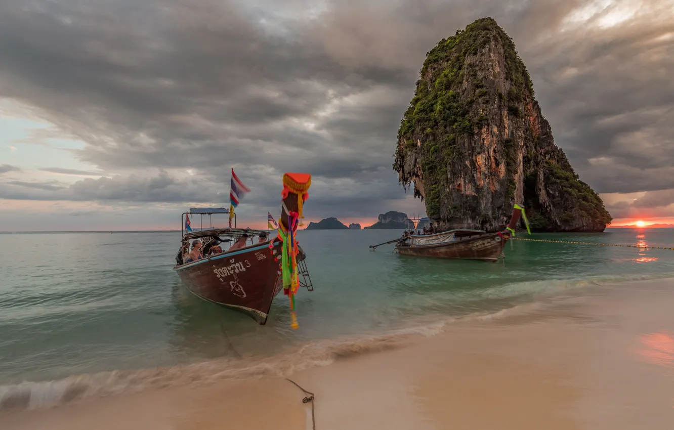 Photo wallpaper sea, rocks, shore, boat, Thailand, Krabi