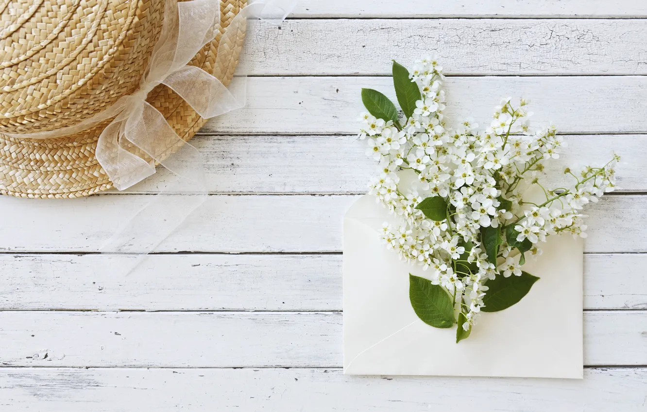 Photo wallpaper flowers, hat, white, white, wood, blossom, flowers, spring