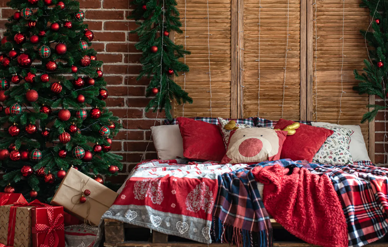 Photo wallpaper decoration, balls, tree, bed, interior, pillow, Christmas, gifts