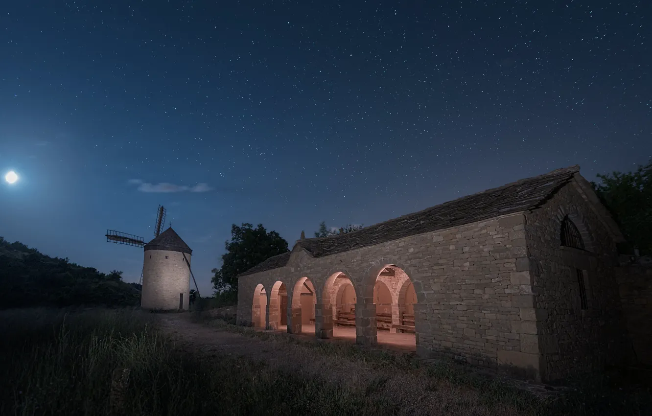 Photo wallpaper field, the sky, grass, stars, light, night, the moon, arch