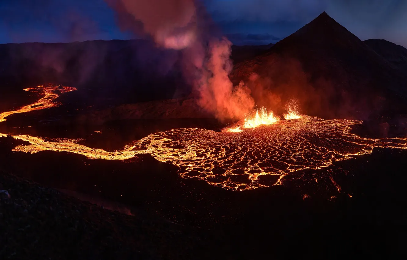 Photo wallpaper mountains, night, lights, flame, smoke, the volcano, lava, the eruption of the volcano
