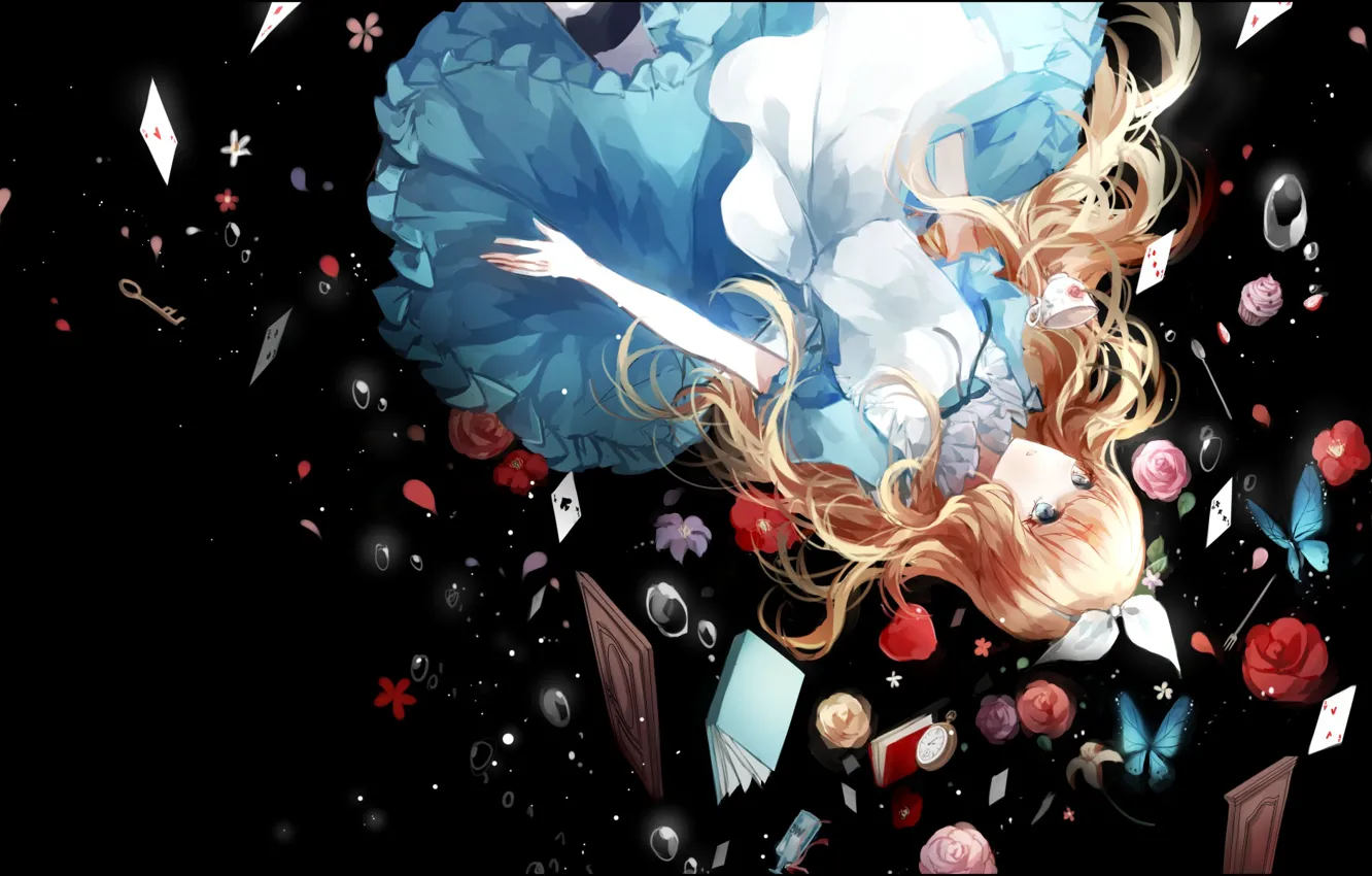 Photo wallpaper girl, flowers, map, roses, anime, drop, art, Alice