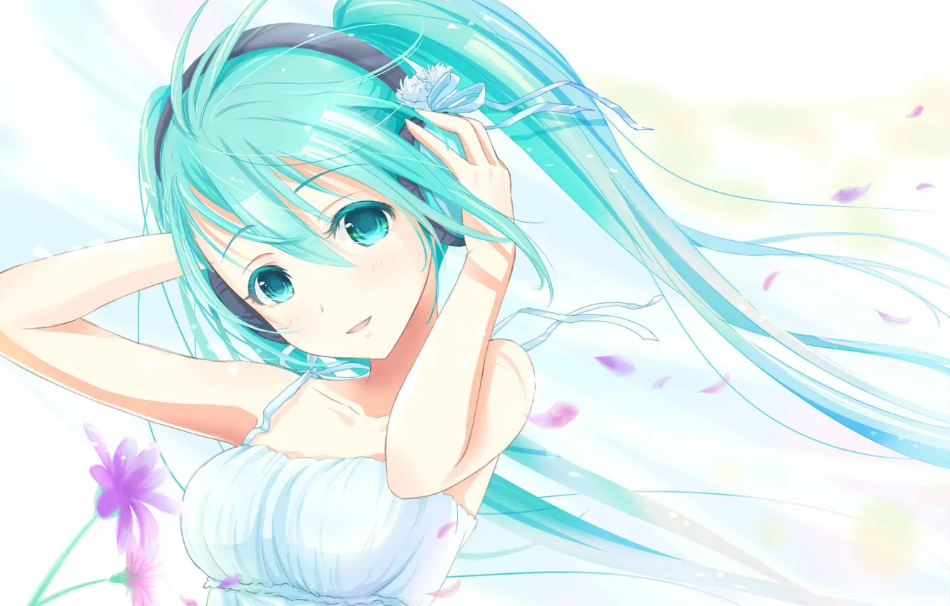 Photo wallpaper look, girl, flowers, smile, petals, vocaloid, hatsune miku, Vocaloid