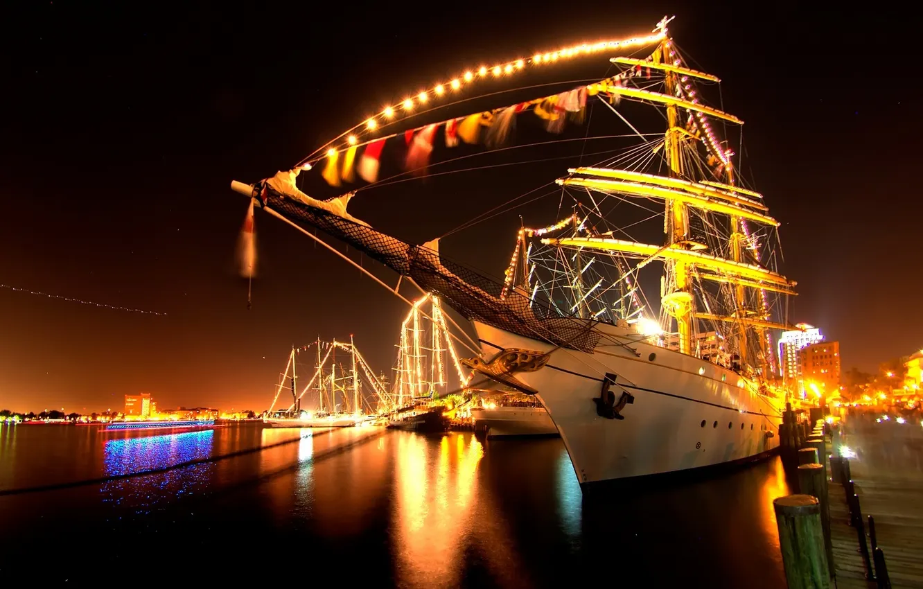 Photo wallpaper water, light, night, the city, lights, reflection, ship, sailboat