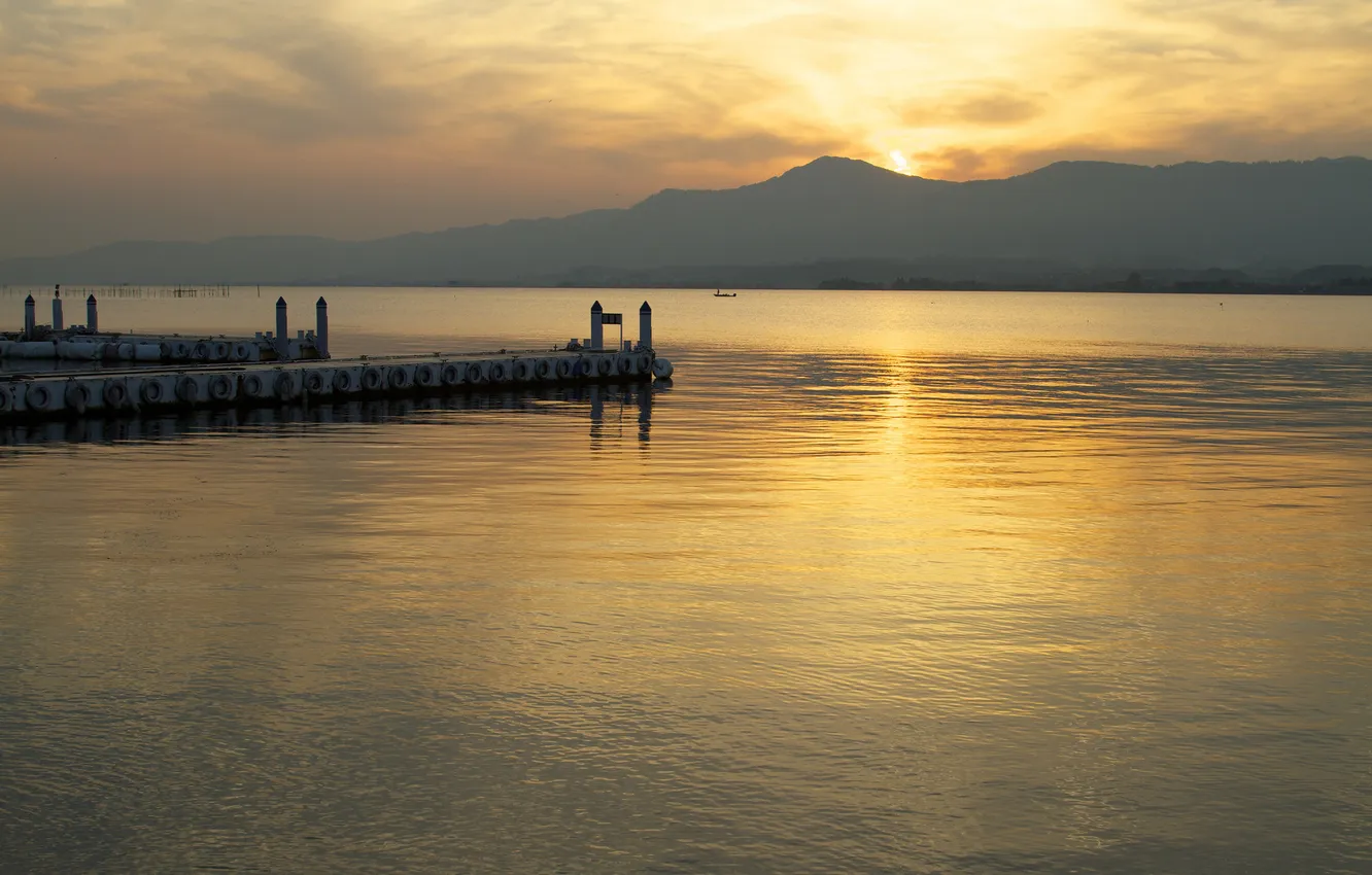 Photo wallpaper sunset, mountains, lake, Marina