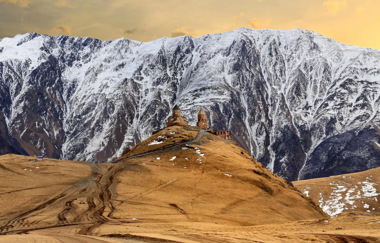 Photo wallpaper snow, landscape, mountains, hills, Church, temple