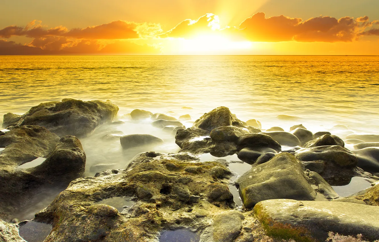 Photo wallpaper sea, the sky, the sun, clouds, sunrise, stones, the ocean, dal