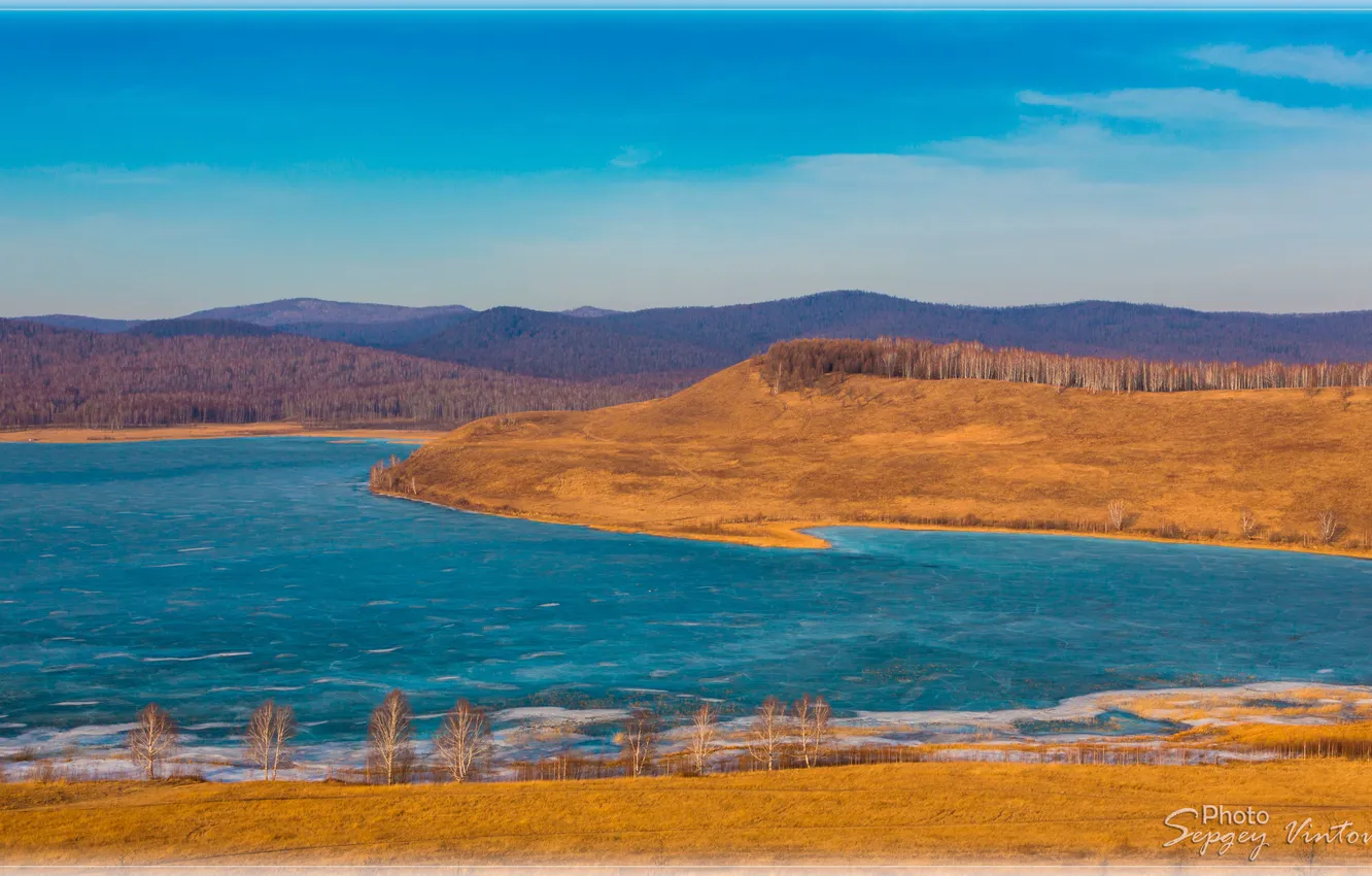 Photo wallpaper lake, spring, morning on the lake