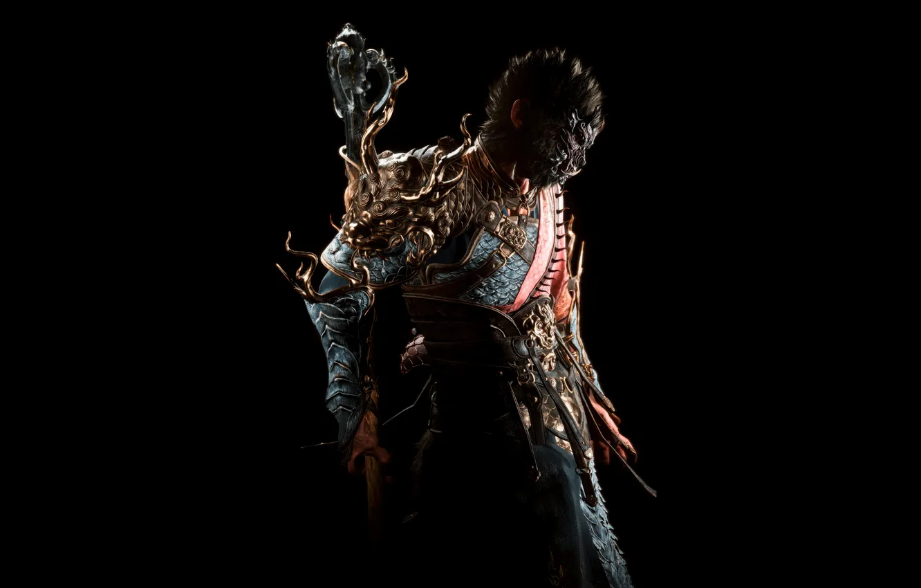 Photo wallpaper Games, Armor, Black background, 2024 Games, Black Myth: Wukong, Destined One