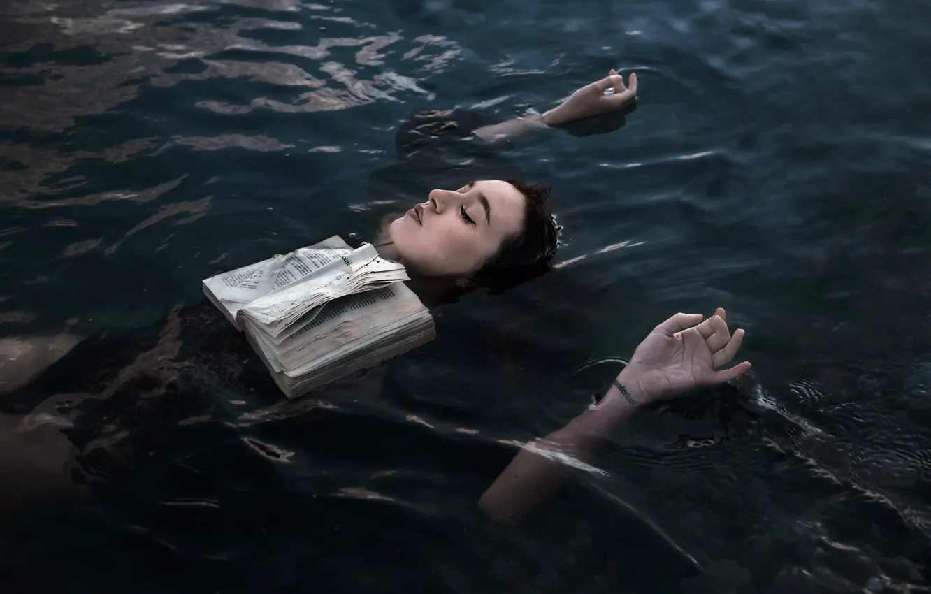 Photo wallpaper girl, lake, book