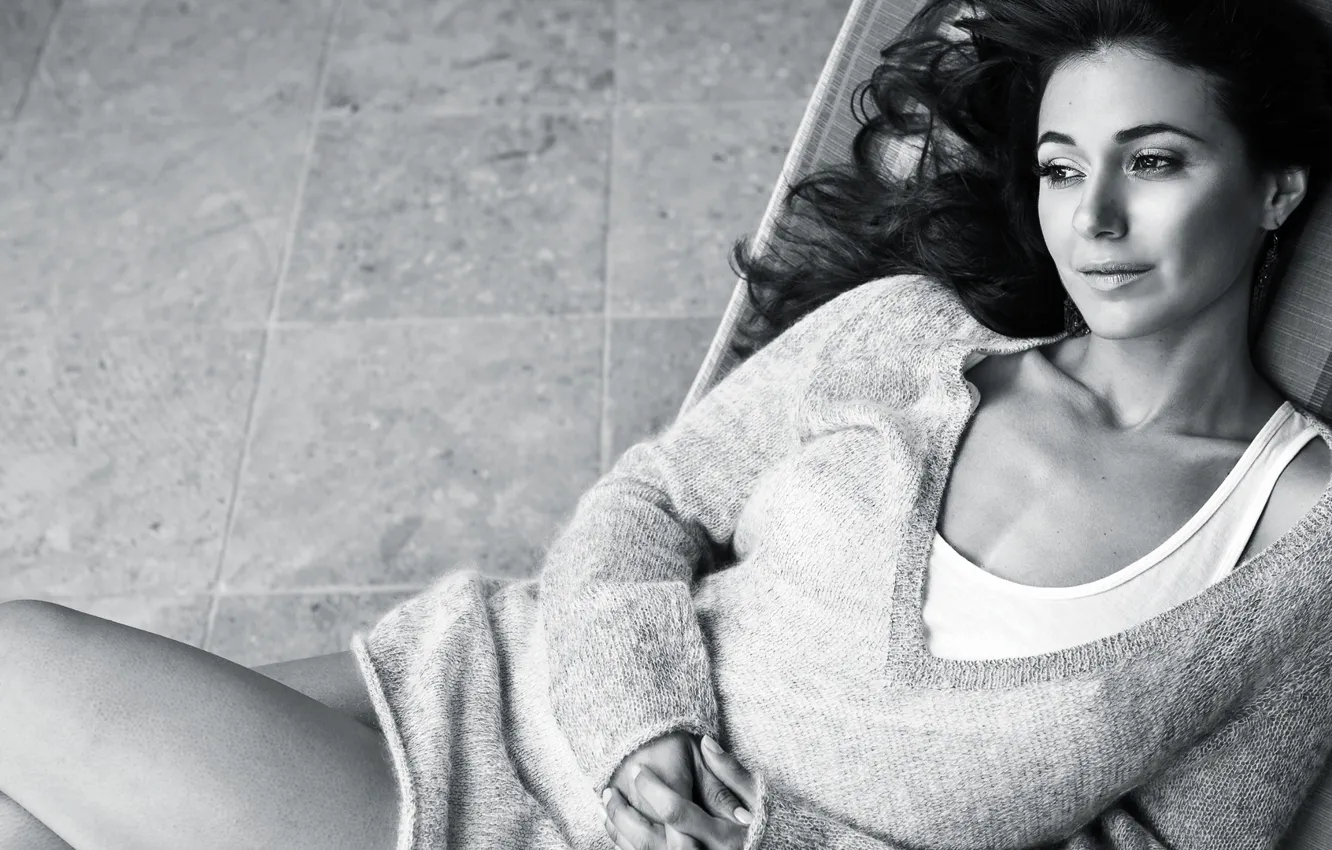 Photo wallpaper look, actress, lies, black and white, jacket, Emmanuelle Chriqui, Emmanuelle Chriqui