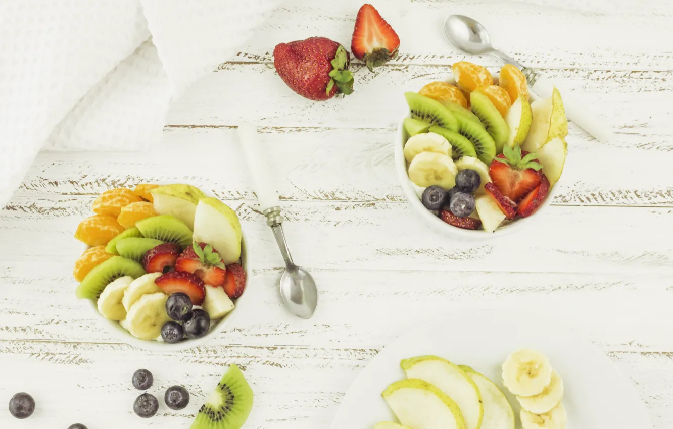 Photo wallpaper berries, kiwi, strawberry, bananas, fruit, fruit, fruit salad, Salads
