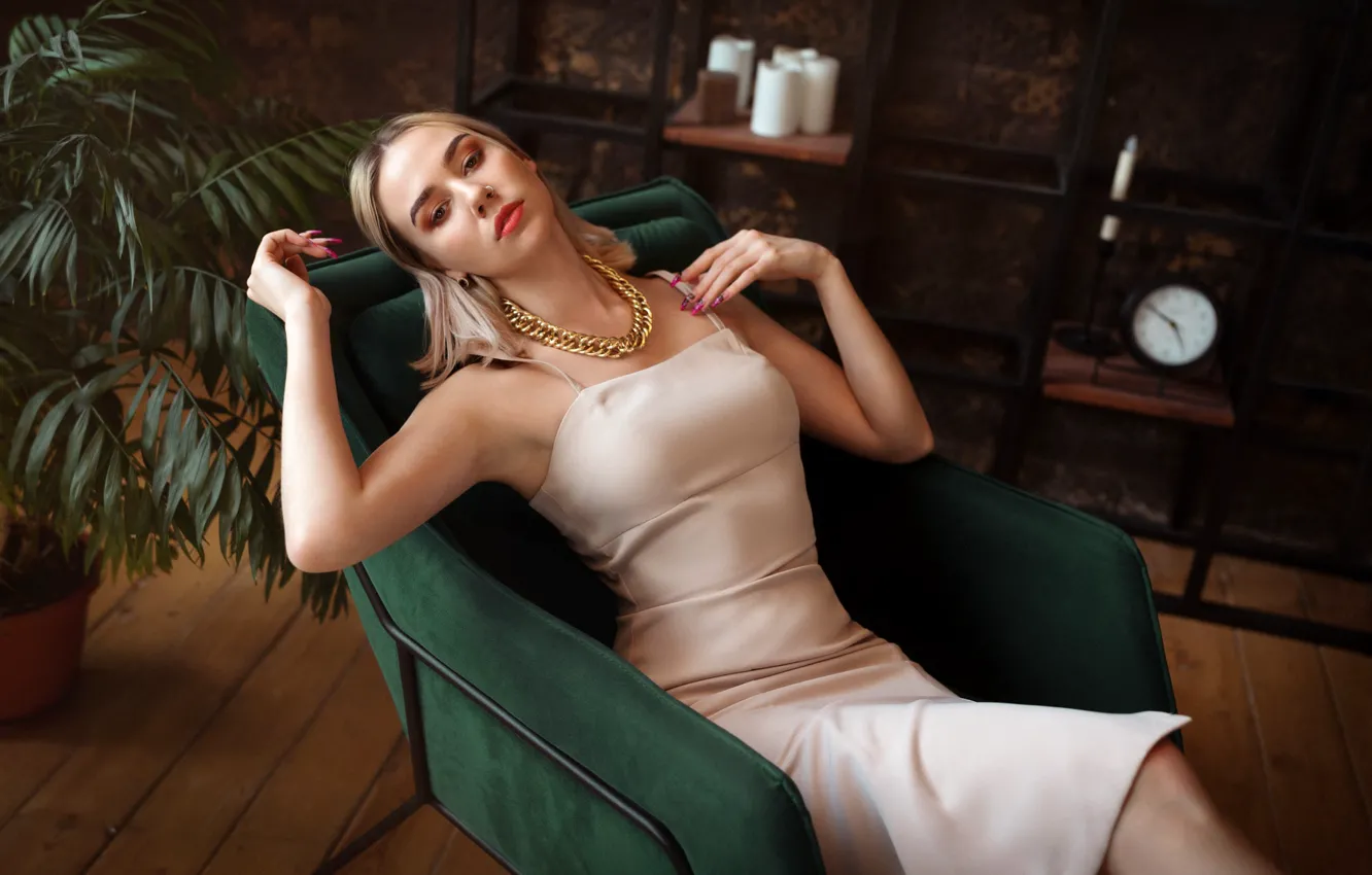 Photo wallpaper girl, decoration, pose, room, chair, makeup, dress, blonde