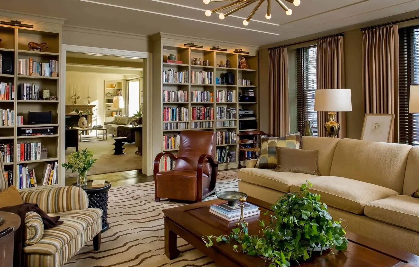 Photo wallpaper design, style, interior, fireplace, library, living room, Upper East Side, Gissler Family Apartment