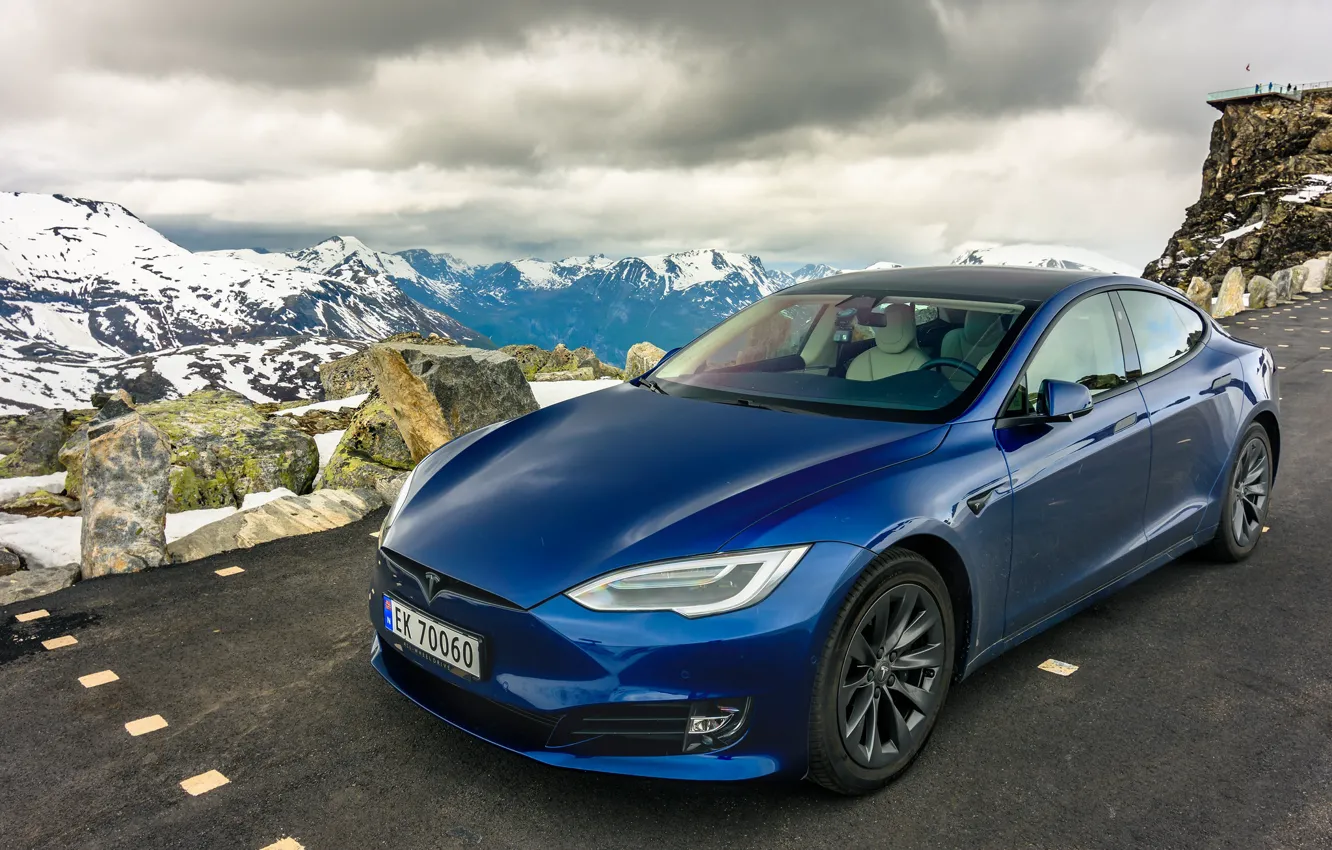 Photo wallpaper road, mountains, Tesla, Model S