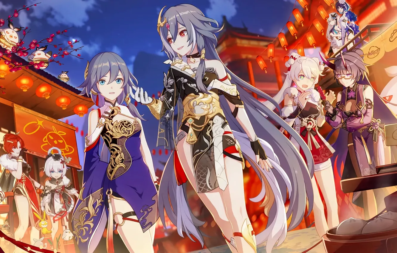 Photo wallpaper clouds, night, the city, people, anime, Anime girl, Honkai Impact 3rd, Raiden May