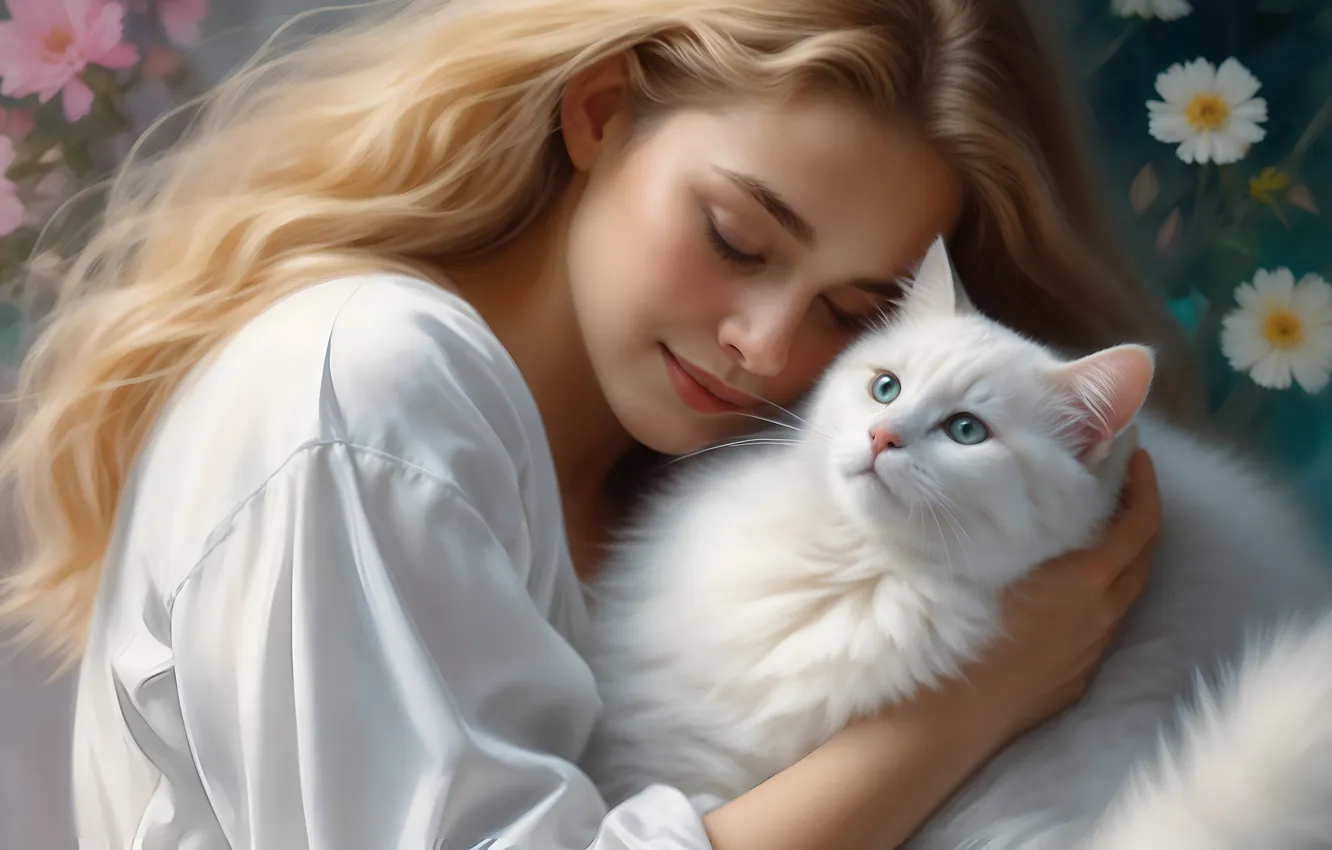 Photo wallpaper cat, white, cat, girl, love, flowers, face, pose