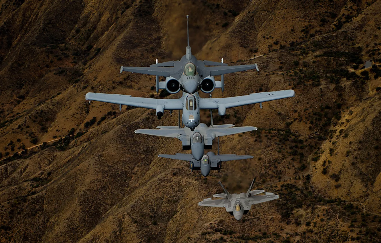 Photo wallpaper fighters, flight, F-22, F-16, F-15, A-10