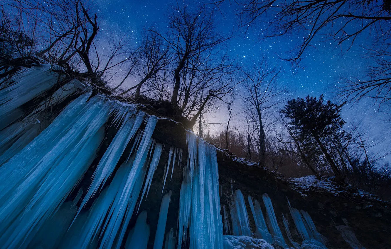 Photo wallpaper Japan, trees, nature, night, winter, snow, stars, waterfall