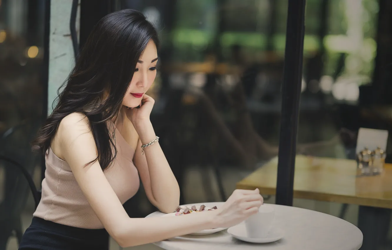 Photo wallpaper girl, cafe, coffee, face, table