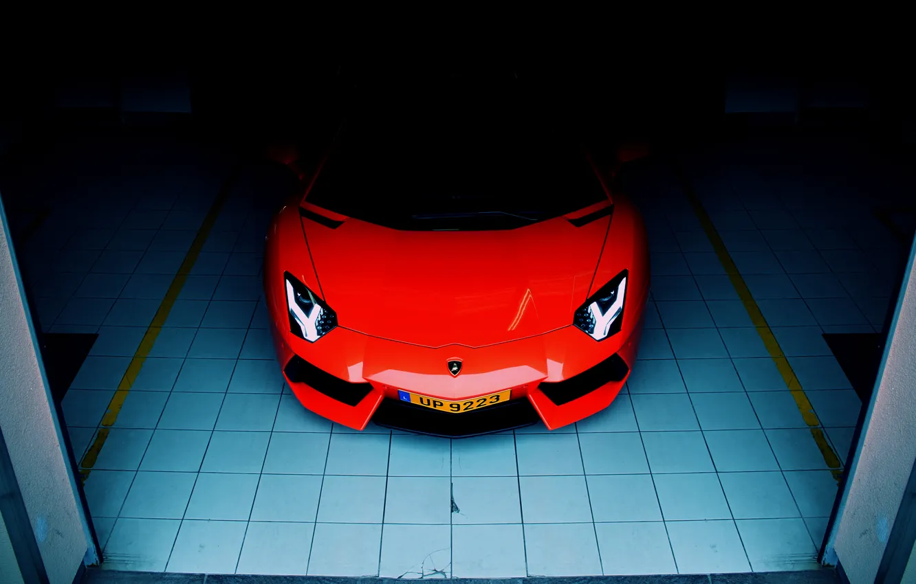 Photo wallpaper Lamborghini, front, orange, garage, LP700-4, aventador