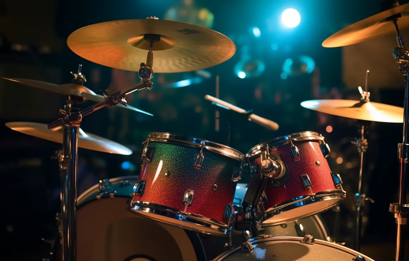 Photo wallpaper light, music, spotlight, drum, musical instrument, AI art, The Art of Artificial Intelligence, neural network