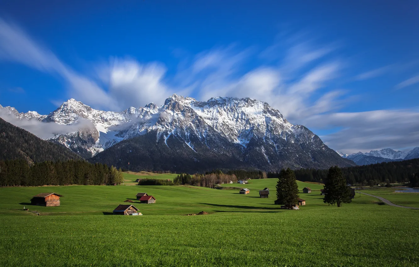 Photo wallpaper the sky, grass, trees, mountains, home, valley, Alps