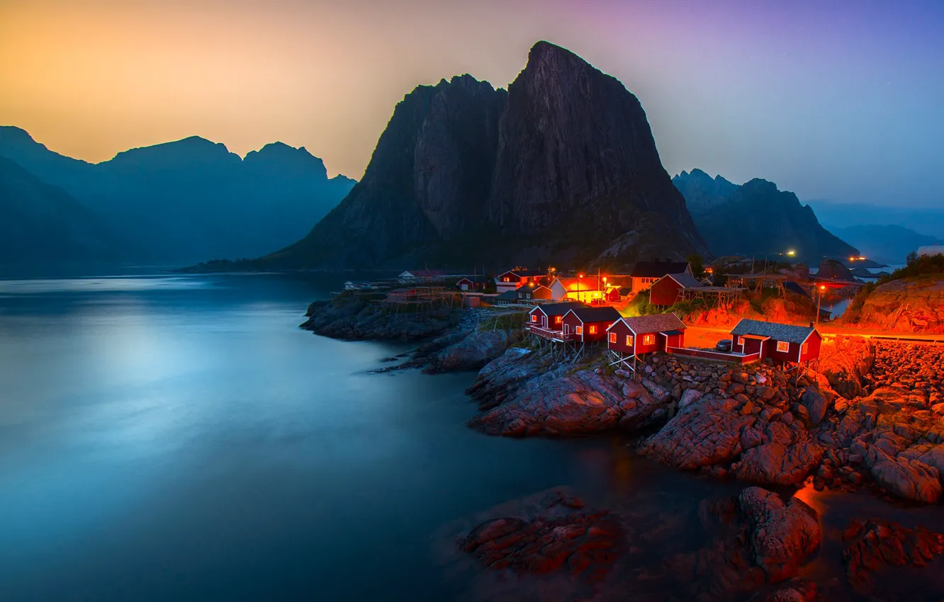 Photo wallpaper the sky, light, mountains, night, lights, stones, rocks, shore