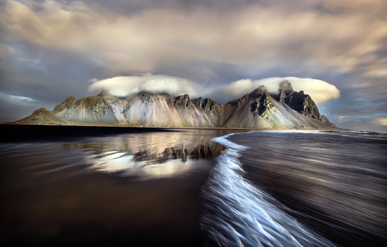 Photo wallpaper wave, beach, the sky, clouds, mountains, Iceland, tide, Stones