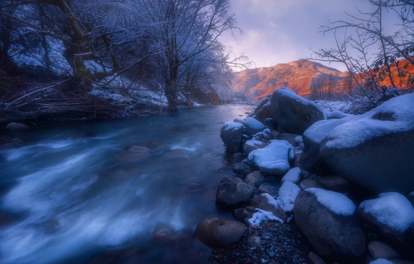 Photo wallpaper winter, snow, trees, landscape, mountains, nature, river, stones