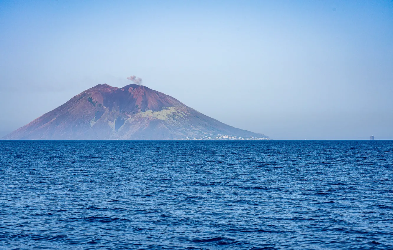 Photo wallpaper sea, the sky, mountains, the volcano, horizon, Stromboli