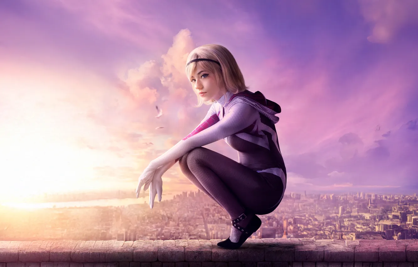 Photo wallpaper clouds, the city, Marvel, digital art, Marvel Comics, Comics, pink clouds, cute girl