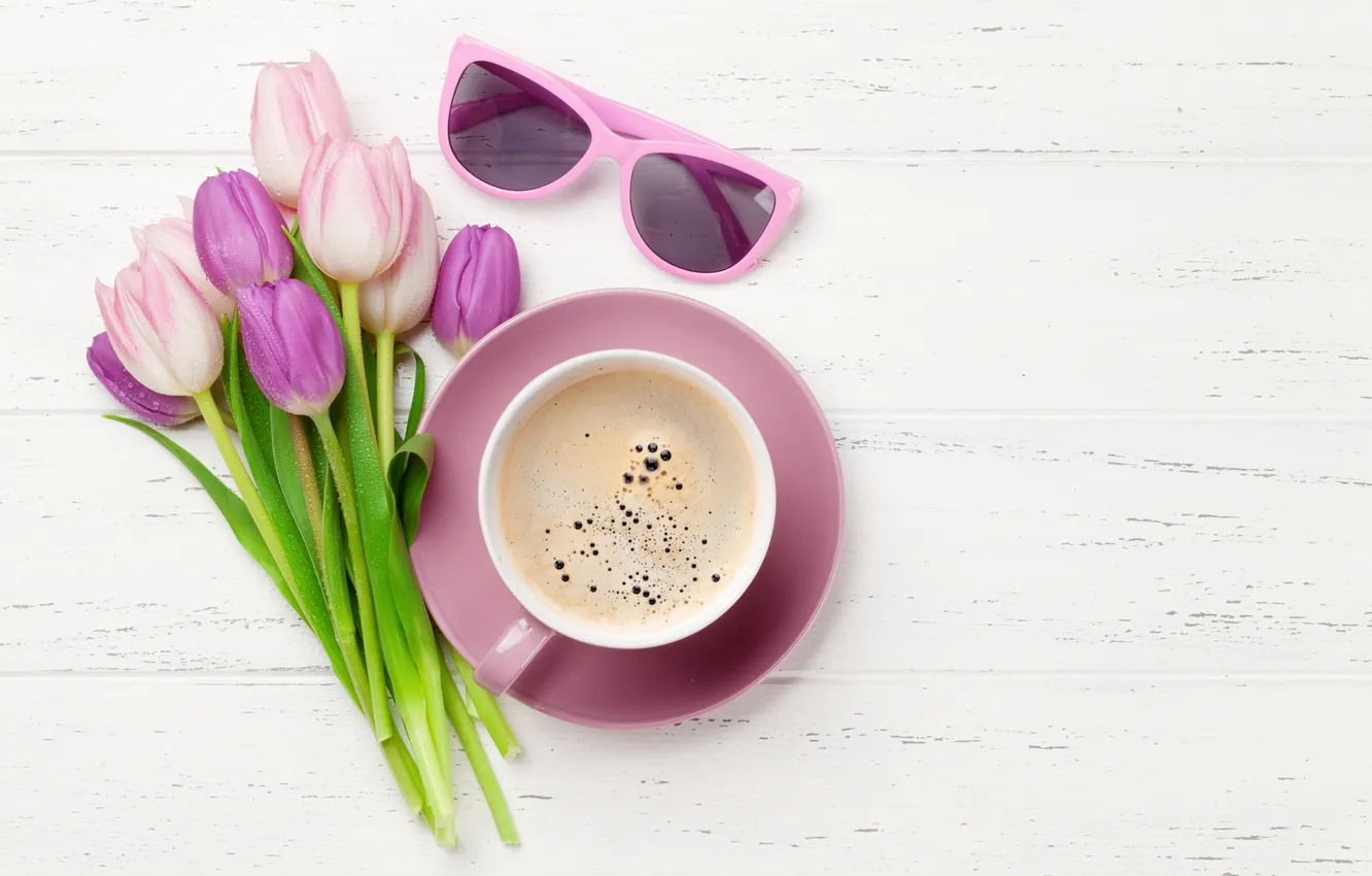 Photo wallpaper flowers, bouquet, colorful, tulips, pink, flowers, tulips, coffee cup
