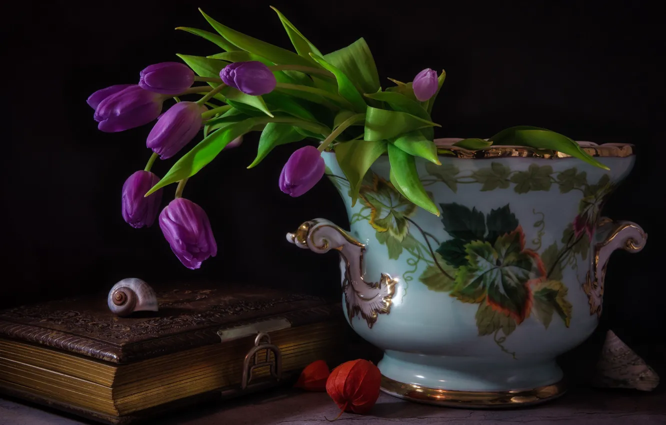 Photo wallpaper flowers, style, background, shell, tulips, book, vase, still life