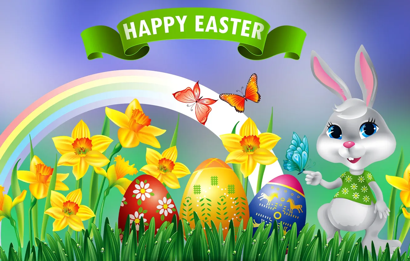 Photo wallpaper Flowers, Rainbow, Easter, Easter eggs, Bunny
